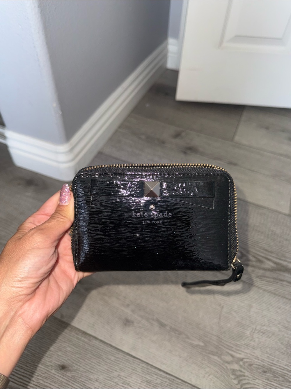 kate spade Black Patent Zip Card Wallet with Bow Accent